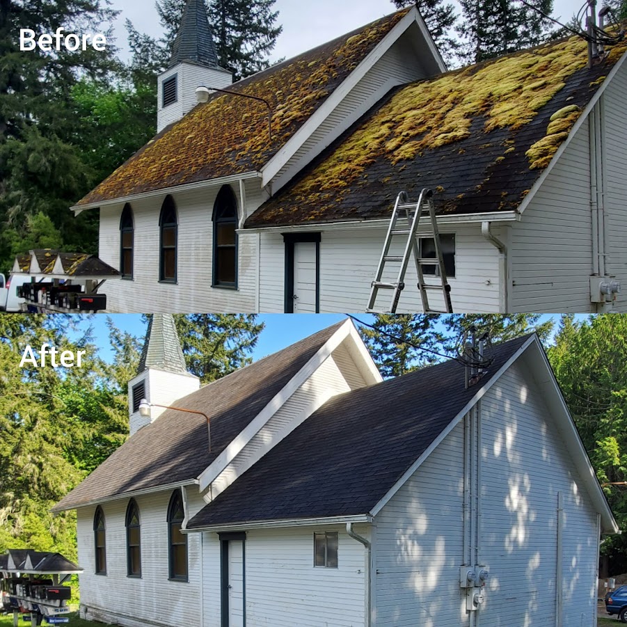 Before and after roof cleaning in Kitsap County home